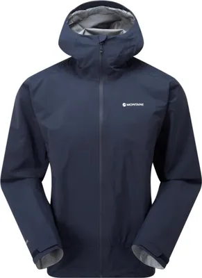Dunkelblaue Hardshelljacke für Herren von Montane mit Kapuze und Reißverschluss.