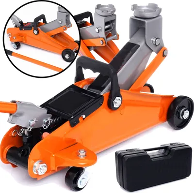 A hydraulic low-profile car jack with a carrying case.