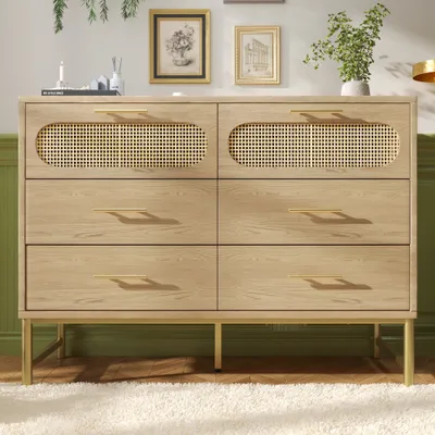 Produktbild von MODFU Kommode mit 6 Schubladen,Sideboard mit Rattanoptik Design,120 x 40 x 74 cm,Beistellschrank mit Höhenverstellbarer Metallfuß,Eiche