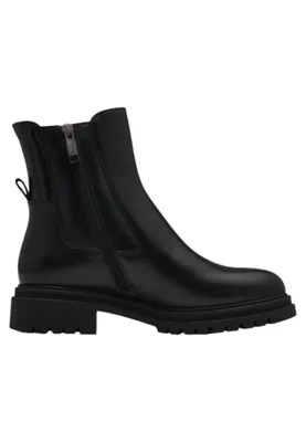 A black leather Chelsea boot with a thick sole and zipper is shown against a white background.