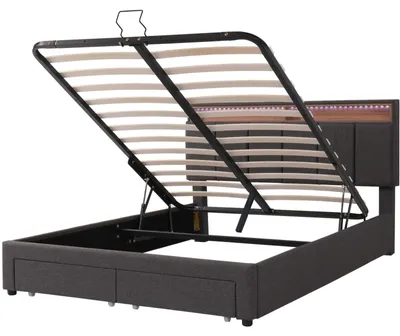 Obrázok produktu pre Čalúnená posteľ – dvojposteľ 140 × 190 cm – LED osvetlenie – hydraulický úložný priestor – zásuvky a úložný priestor – sklopné čelo – tmavosivá ľanová látka