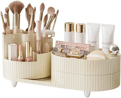 Obrázok produktu pre Uniqoos® 360° otočný organizér na kozmetiku – veľký organizér na make-up vyrobený z ABS plastu, s 9 priehradkami, otočným držiakom na štetce a úložnou zásuvkou, vhodný do spálne a kúpeľne