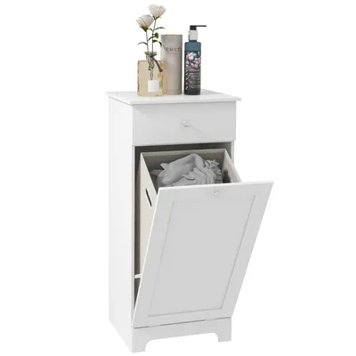 Image de HOMCOM Meuble de salle de bain avec panier à linge pliable, meuble de rangement avec tiroir - 40L x 40l x 90,5H cm - blanc