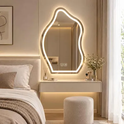 Productafbeelding van Zimilo LED-spiegel voor de badkamer, asymmetrisch ontwerp met verlichting, anti-condens, dimbaar, 3 lichtkleuren, touchbediening, spiegel voor de badkamer, 60x80 cm