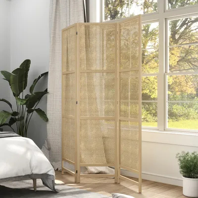 Produktbild von SUGIFT Raumteiler 3-teilig faltbar, Paravent PP-Rattan handgewebt, Sichtschutz Kiefernholzrahmen, Naturholz | 135 x 180 cm | 6 Metallscharniere | 8 kg