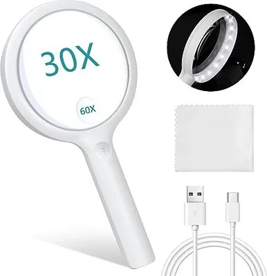 Produktbild von Lupe mit Licht, 30X Leselupe, Leselupe Licht für Senioren Groß, Wiederaufladbare USB-Lupe, 3 Lichtmodi, Ältere Lesen, Kinder Hobbybeobachtung,