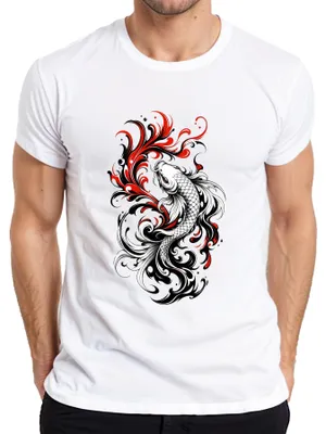 Productafbeelding van Koi-karpers, kunsttattoo-stijl, rood, zwart, Japan, Y2K, Japans, heren T-shirt, wit, maat M
