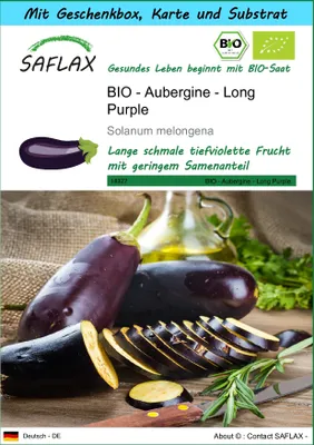 Produktbild von SAFLAX - Geschenk Set - BIO - Aubergine - Long Purple - 20 Samen - Mit Geschenk- / Versandbox, Versandaufkleber, Geschenkkarte und Anzuchtsubstrat - Solanum melongena