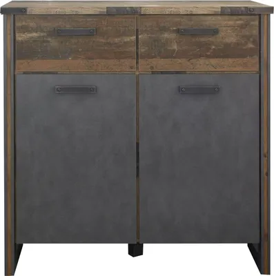 A front view of a modern dresser with two drawers and two cabinet doors.