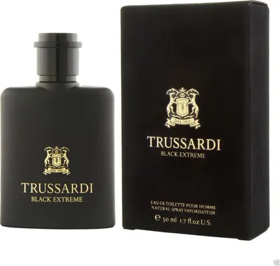 A black bottle of Trussardi Black Extreme eau de toilette and its matching black box are displayed side-by-side against a white background.