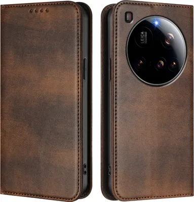 A product image showing a brown leather phone case from two angles.