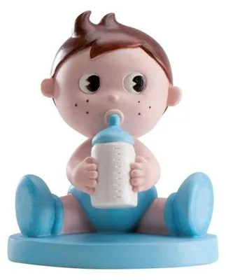 Imagen del producto de Figurina para baby shower, diseño de un bebé niño con biberón, hecha de resina, 10 cm de alto. Talla única