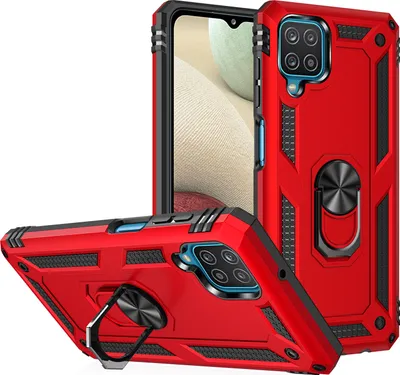 Obrázek produktu pro Pouzdro pro Galaxy A12 5G dvouvrstvé robustní, vojenská ochrana pouzdro s držákem prstenu a stojánkem červené