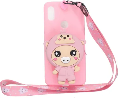 Produktbild von Für HUAWEI Y6 2019 Y7 Y9 Cartoon Full Protective TPU Handyhülle mit Mini Coin Purse+Cartoon Hängende Lanyard 3 tiefe rosa Ferkel