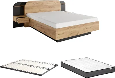 Produktbild von Bett mit Nachttischen 160 x 200 cm - Mit LED-Beleuchtung - Natur und schwarz + Rahmen + Matratze - JUVISIA