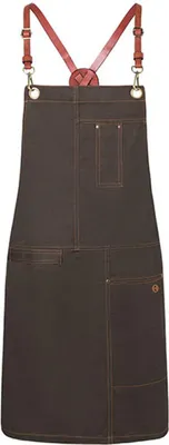 A dark brown apron with red leather straps is shown against a white background.