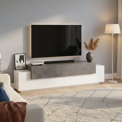 Imagen del producto de Arold - Mueble para TV, 200x45x52h cm Blanco Brillante, 3 Estantes