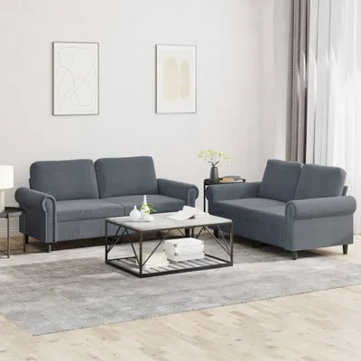 Image de ensemble de canapés 2 pièces avec coussins Gris foncé Velours