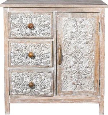 Obrázek produktu pro Marrakech boho komoda s dvířky a 3 zásuvkami z bílého dřeva 80 cm vysoká | Scandi deco malá příborníková komoda Caitria pro stylové ukládání a vintage dekorace v obývacím pokoji a ložnici