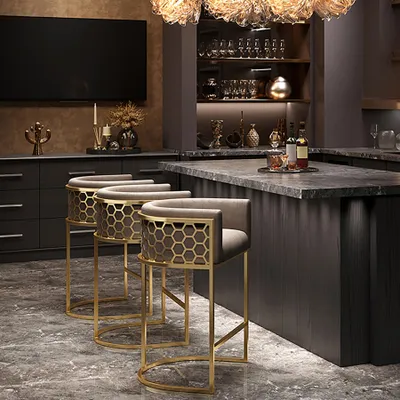Produktbild von riess-ambiente Stilvoller Barhocker ELEGANCE beige Samt gold Edelstahl mit Armlehne und Fußablage Barstuhl Hocker Tresenhocker Tresenstuhl