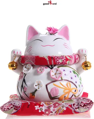 A Maneki-Neko (Japanese lucky cat) figurine, decorated with floral patterns and bells, is presented against a white background.