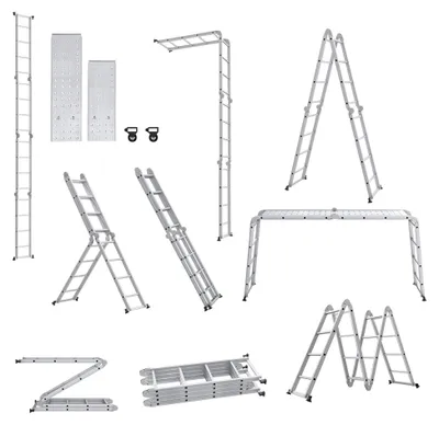 Produktbild von 470 cm Aluminium Mehrzweckleiter Klappleiter mit Plattform und Gelenken, 6 in 1 Kombileiter, 4x4 Stufen, Silber