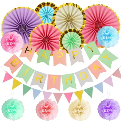 Immagine prodotto di Set di decorazioni per feste di compleanno, colori pastello, con ghirlanda "Buon Compleanno"
