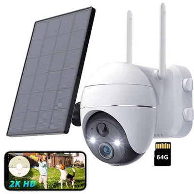 Produktbild von Überwachungskamera Aussen Akku Solar 2K PTZ WLAN Kamera Überwachung Außen mit Solarpanel PIR Bewegungsmelder Farbnachtsicht Sirene/Weißlichtalarm &64G