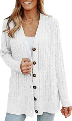 Produktbild von ASKSA Damen Strickjacke Langarm Grobstrick Cardigan Open Front Sweater Casual Strickcardigan Pullover, Weiss, L