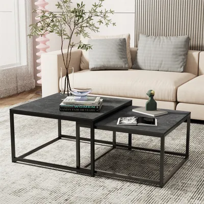 Produktbild von WISFOR Couchtisch-Set 2er aus Sinterstein, Satztisch quadratisch, Schwarz, 65/60 cm, Metallgestell