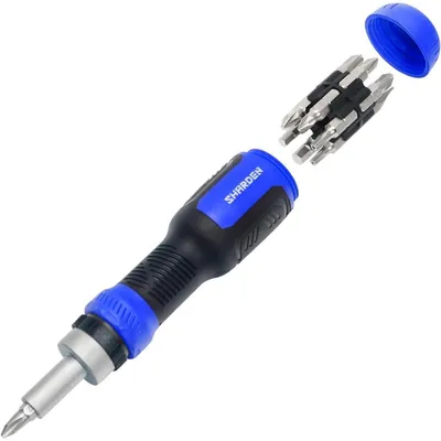 Zdjęcie produktu dla Wielofunkcyjny śrubokręt 13-w-1 z końcówkami Torx, płaskimi, krzyżakowymi, sześciokątnymi, Pozidriv oraz kluczem nasadowym 1/4 cala, w kolorze niebieskim
