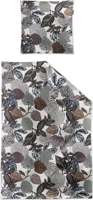 A flat lay of a duvet cover and pillowcase with a leaf pattern.