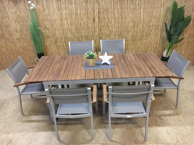 Obrázek produktu pro Sada zahradního nábytku Merxx Naxos, 7 dílů, 6 stohovatelných křesel, 1 rozkládací stůl 150 (200) x 90 cm – hliník/textil/akácie