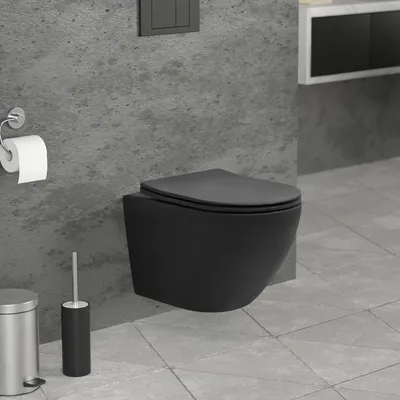 Produktbild von LuxeBath závesné WC bez ráfika krátke 49 cm, čierne matné, WC s odnímateľným WC sedátkom z Duroplastu s mäkkým zatváraním, vyrobené z keramickej sanitárnej keramiky