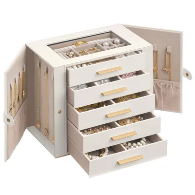 Produktbild von SONGMICS Großer Schmuckkasten mit 5 Ebenen und Glasdeckel für Ketten 26,1 x 15,6 x 22,2 cm Weiß und Beige