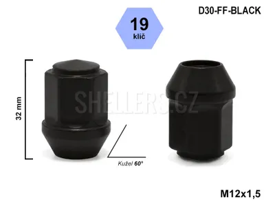Obrázok produktu pre Matica kolesa M12x1,5 s kužeľom uzavretá, kľúč 19, výška 32 mm, D30-FF-BLACK, FORD, VOLVO, čierna