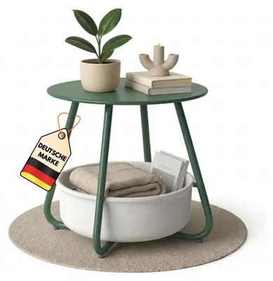 Produktbild von Couchtisch KOSI Grün aus Metall Ø 45 x 45 cm mit Aufbewahrungskorb Canvas, Beistelltisch rund mit Ablage - Wohnzimmertisch im Vintage Style, Sofatisch , Gartentisch mit Stoffkorb, zerlegt