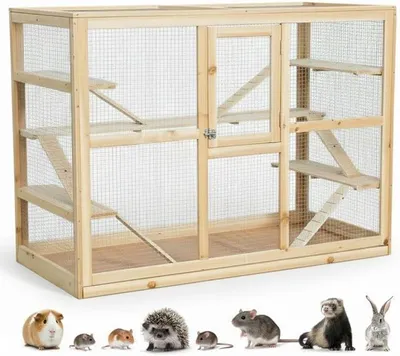 Productafbeelding van Knaagdierkooi, hamsterkooi met 6 klimtoestellen, 120x60x90 cm, houten knaagdiervilla