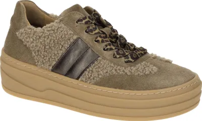 A single brown Gabor women's sneaker with a platform sole and leopard print laces, shown from a side angle against a white background.