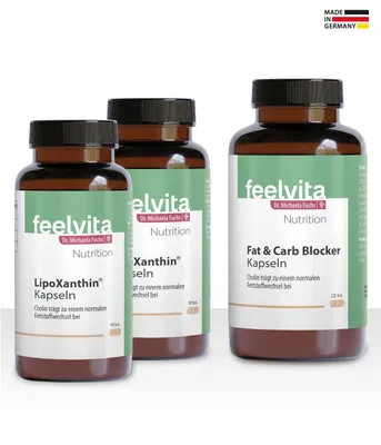 Produktbild von Genius Feelvita Nutrition Stoffwechsel-Set 3-tlg - Hochdosiert - 2x LipoXanthin, 1x Fat & Carb Blocker – Unterstützt die normalen Stoffwechselfunktion