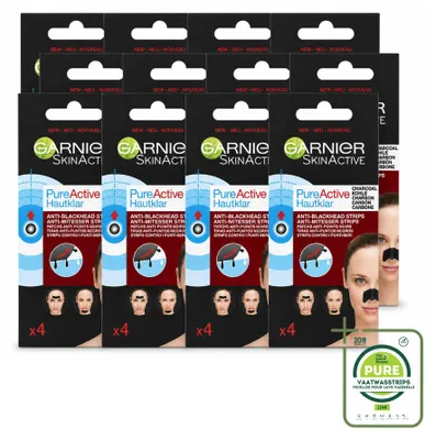 Produktbild von 12 x Garnier Pure Active Anti-Mitesser-Strips - Aktivkohle - Nase, Stirn & Kinn - Großpackung - 12 Stücke