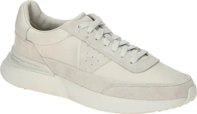A single white Clarks sneaker is shown from a side angle against a white background.