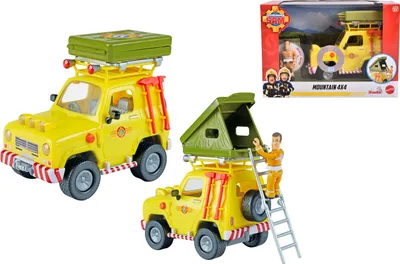 A collage of a toy fire truck with a tent and a figure, and its packaging.