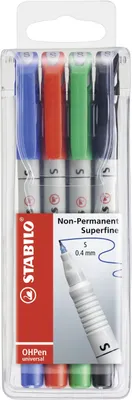 Image de Stylo pour film - STABILO OHPen universal - soluble à l'eau superfin - pack de 4 - vert, rouge, bleu, noir