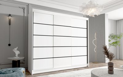 Kleiderschrank Netro VII 250 cm - Groß Schwebetürenschrank, Schiebetürenschrank mit Kleiderstange und Einlegeboden, Schlafzimmerschrank, Schiebetüren, 250x215x58 cm (Weiß)