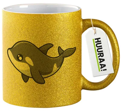 Produktbild von Huuraa Glitzertasse Orka Killerwal 330ml Gold Keramik Kaffeebecher Geschenkidee