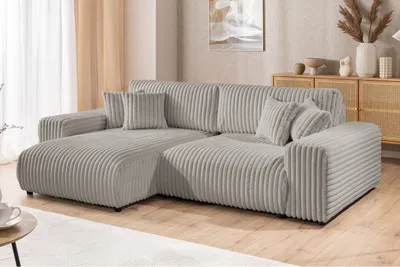 Produktbild von Mollis - Ecksofa mit Schlaffunktion und Bettkasten aus Hellgrau Plüschcord mit schöner Sitzkomfort