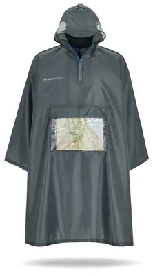 Produktbild von STANDWERK Regenponcho Grau Uni S-M – Wasserdicht, mit Ärmeln, Reißverschluss & Brusttasche, Navigationstasche, Reflektoren