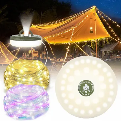 Produktbild von 2 in 1 LED Camping Lampe mit Lichterkette 9m USB Aufladbare Campinglampe 2000mAh Akku IPX4 Wasserdicht Tragbare Zeltlampe für Camping Garten Zelt Deko