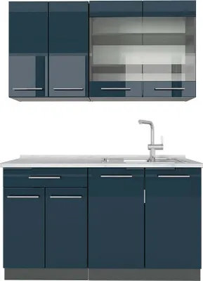 Produktbild von Singleküche Vicco Fame-Line Dunkelblau Hochglanz/Anthrazit 140 cm , AP Marmor, Model 49717